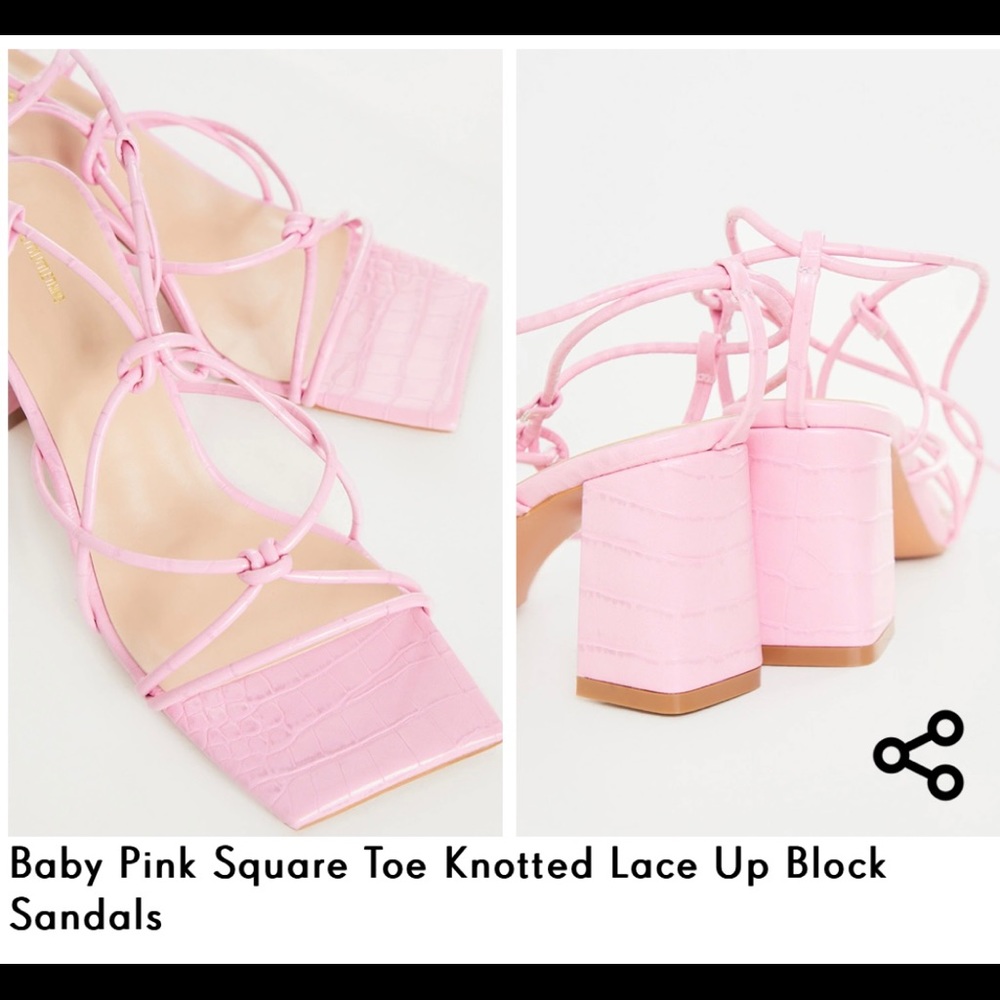 Baby Pink Square Toe Knotted Lace Up Block Sandals
